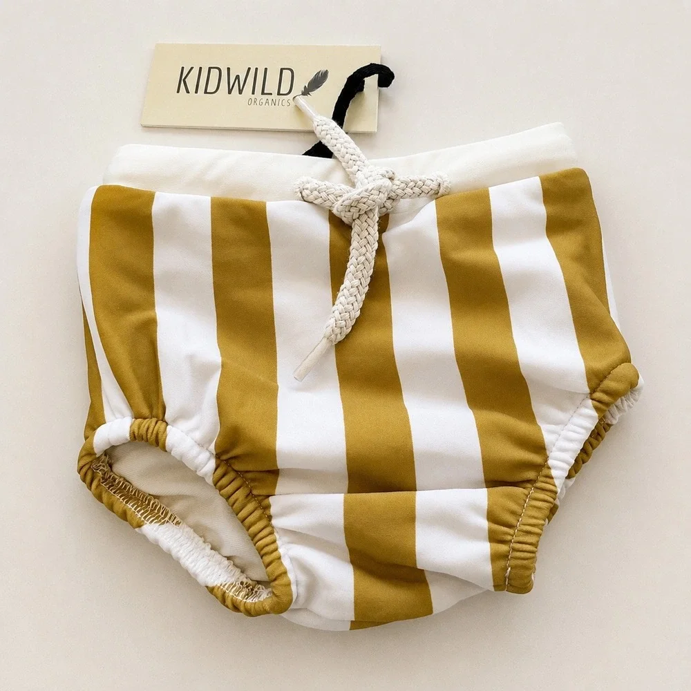 Kidwild Organics Baby Swim‎ Trunks Unisex 0-6M Mustard Stripe Organic Cotton NWT